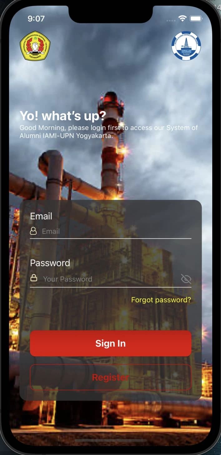 Alumni and career mobile app login screen