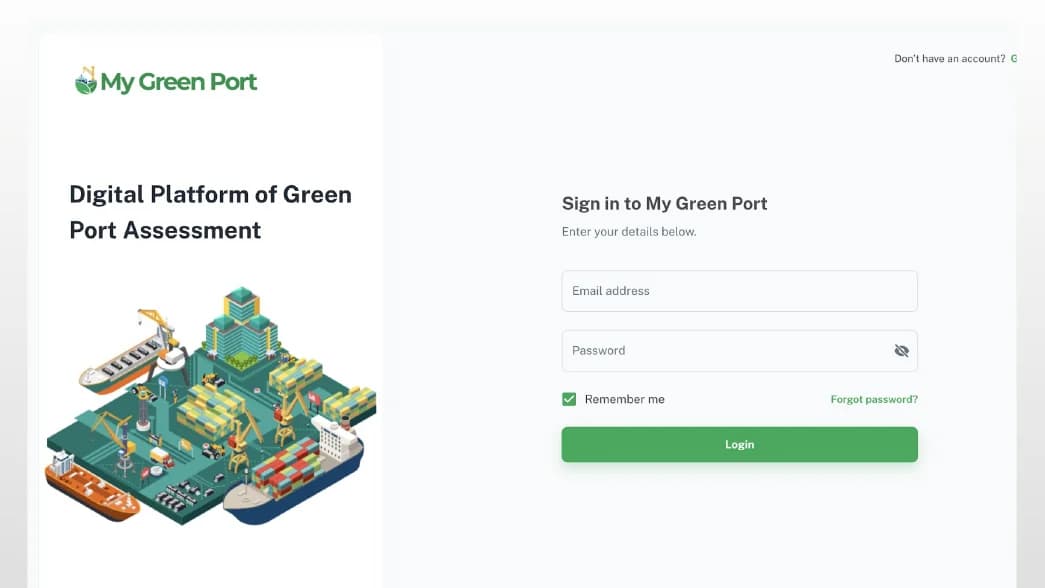 Green port assessment web platform login screen